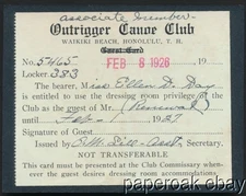 Original 1920's Outrigger Canoe Club Waikiki, Honolulu Photo & Membership Card