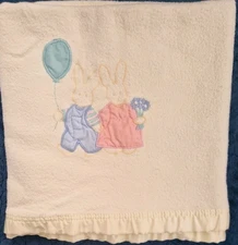 Mothercare 90s Vintage Cot Blanket yellow 2 Bunny motif satin trim 2029281 GB