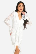 Boohoo Lace Ruffle Flare Sleeve Mini Dress Ivory UK 8