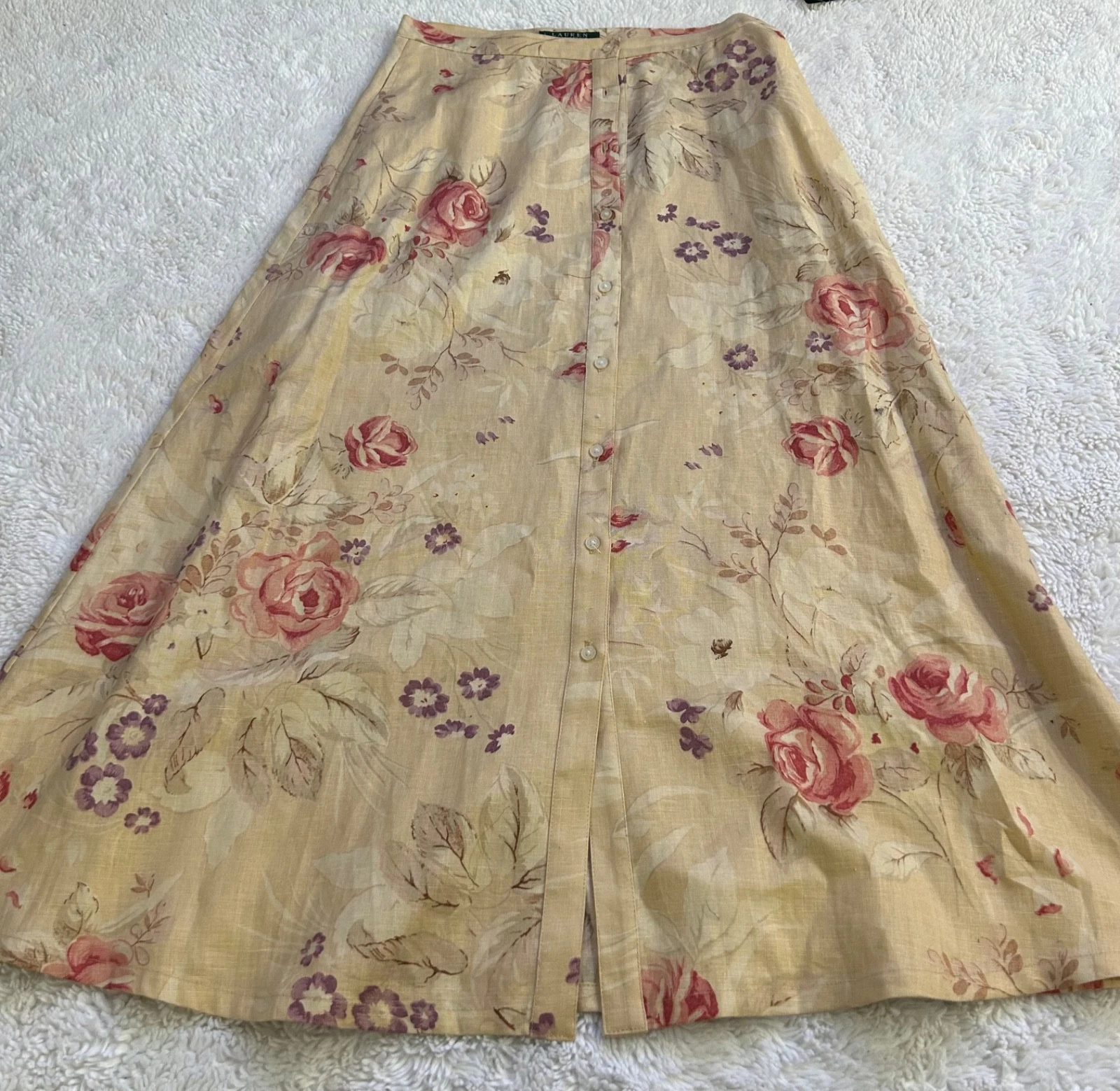 NWT LRL Womens Sz 4 Biege Floral Button Front Linen Maxi Skirt Cottagecore Soft
