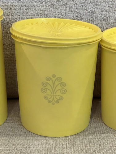 Vintage 70er Tupperware Servier gelb Kanister Set verschachtelt stapelbar 4er Set & Li - Bild 3 von 22