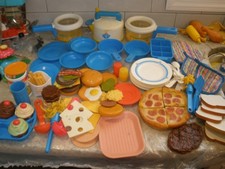 Vintage Lot of 100 Fisher Price Fun w/ Food Dishes, Food, Accessories, Kettle, e
