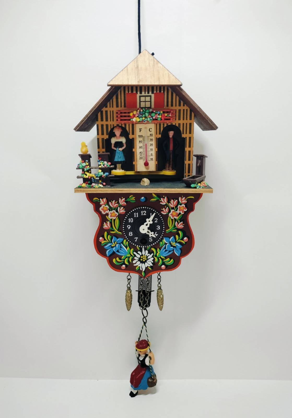 TRENKLE Black Forest Swiss Weather House Mechanical Clock w/ Swinging Doll