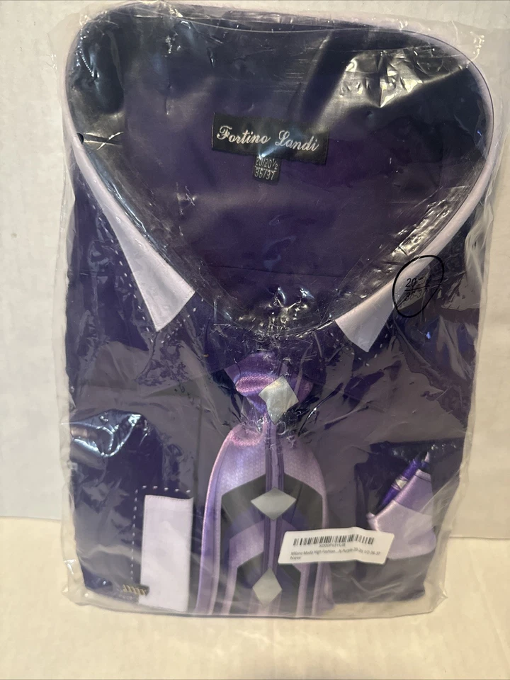 Camisa de vestir de puño francés Fortino Landi para hombre con corbata a juego, pañuelo púrpura Foto 2 de 4