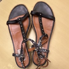 Lanvin Women  s Black Brown Studded Leather Strappy Sandals Buckle 38.5