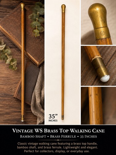 Antique Vintage Heavy Brass Top Handle Bamboo Walking Cane WS Mark 35”