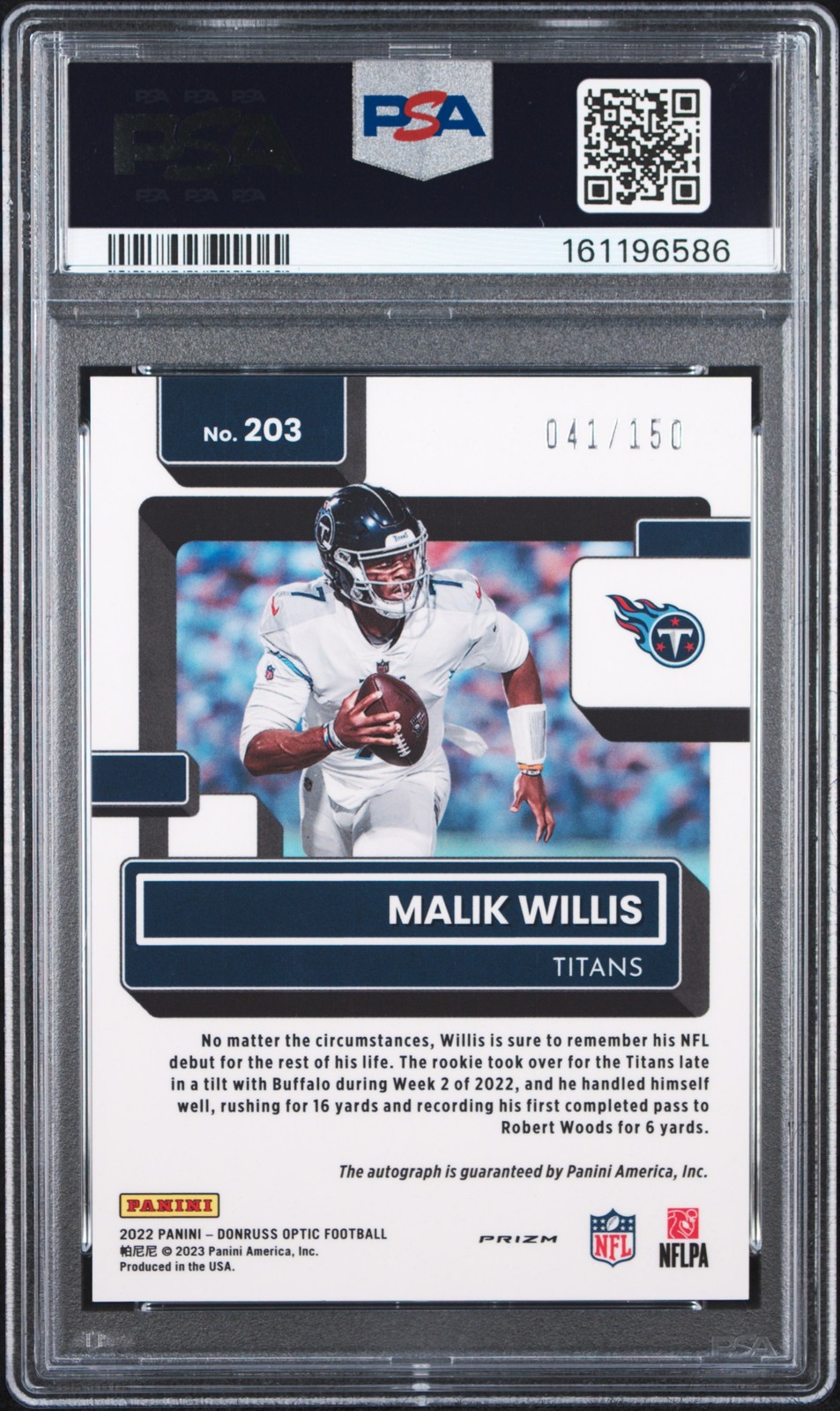 2022 PANINI DONRUSS OPTIC AUTO #203 MALIK WILLIS ROOKIE RC 41/150 PSA 10 view 2