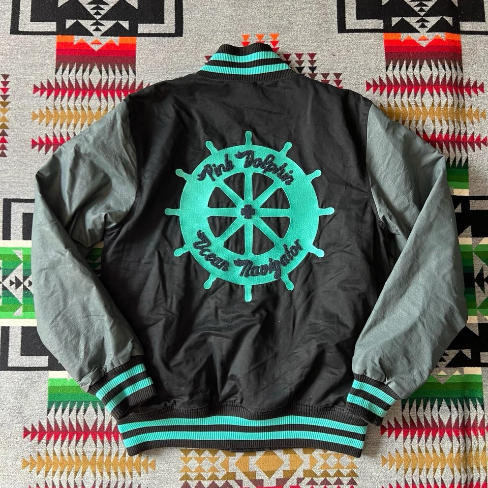 Pink Dolphin Mens Varsity Jacket Size Large Black Bomber Leather Sleeve Logo A4 - Image 2 of 4
