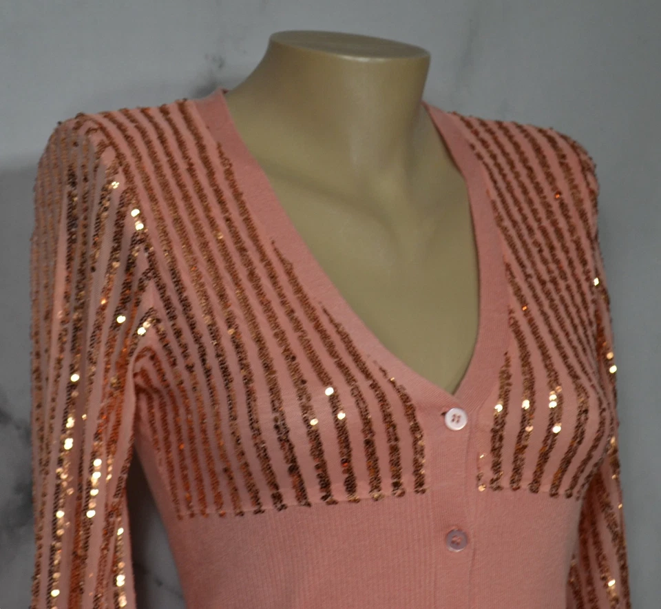 Suéter Cárdigan VENUS Rosa Rosa Lentejuelas Rayas Pequeño Acanalado Cintura y Puños Foto 3 de 4