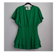 Alice + Olivia Women's Size 10 Mini Dress Solid Green Layered Ruffle Tie Zip