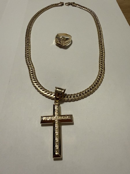 14K Goldkette mit 14K Gold Kreuz Anhänger mit 14K Medusa Ring + iPhone 14 Pro