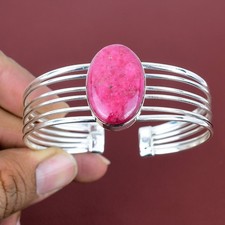 Rhodonite Gemstone Bangle Adjustable Cuff Bracelet 925 Sterling Silver Jewelry