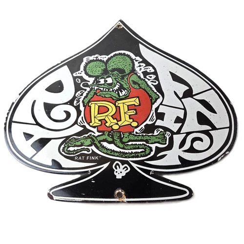 Vintage Rat Fink Sign - Car Mod Auto Hot Rod Gas Pump Plate Porcelain Spade Sign
