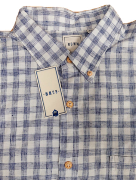 Мужская клетчатая рубашка ROWM с коротким рукавом из хлопка/полиэстера белого и синего цвета [XL]