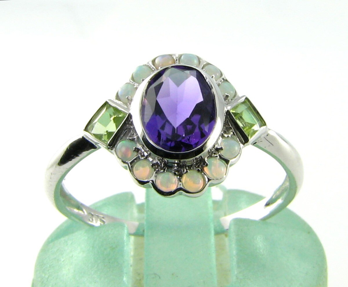SUFFRAGETTE 9CT 9K WHITE GOLD AMETHYST PERIDOT OPAL ART DECO INS