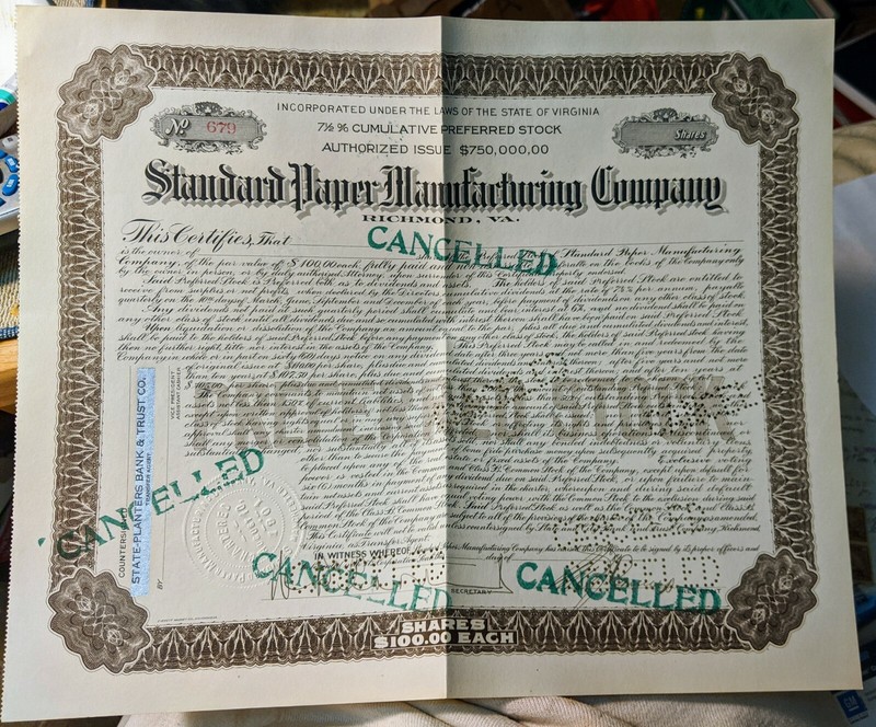 Standard Paper Manufacturing Company Stock Certificate # 679 Vintage (E-4)