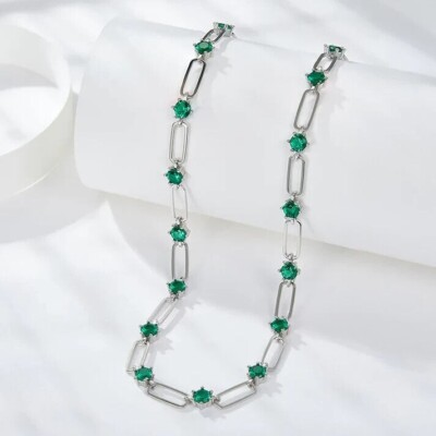5.5 Ct Round Cut Lab-Created Emerald Paperclip Chain Women's Necklace 925 Silver