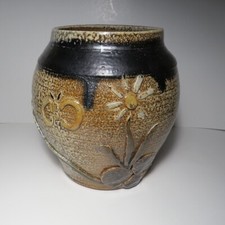 Vintage Brown Sunflower and Butterfly Decorative Crock 9 1/2" Tall 8 1/2" Wide