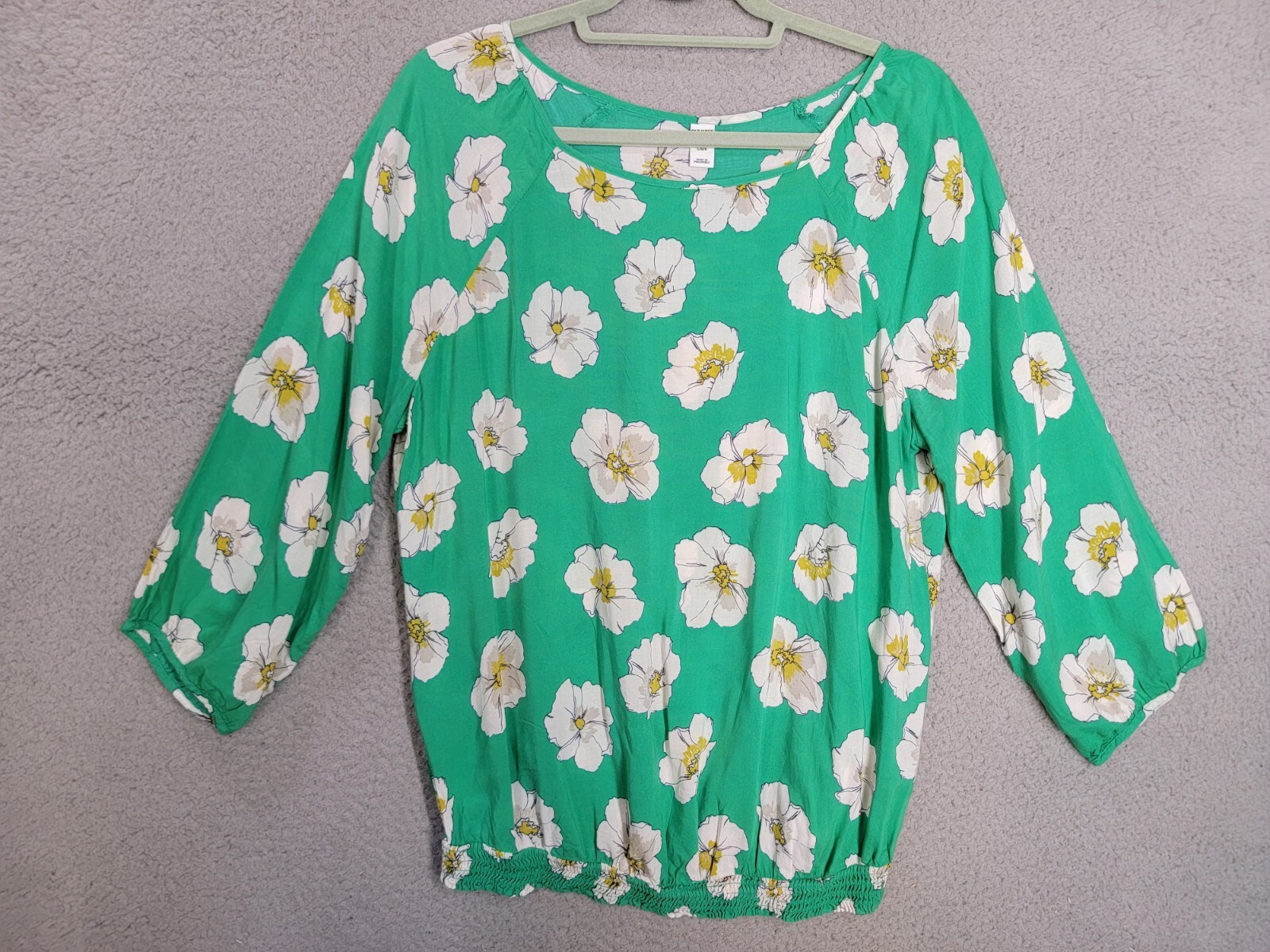Old Navy Green Floral Top Large Boat Neck 3/4 Sleeves Smocked Waist