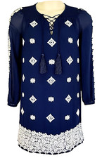 Michael Kors Dress Women Size XS Navy Blue White Embroidery Long Sleeve Lace Up