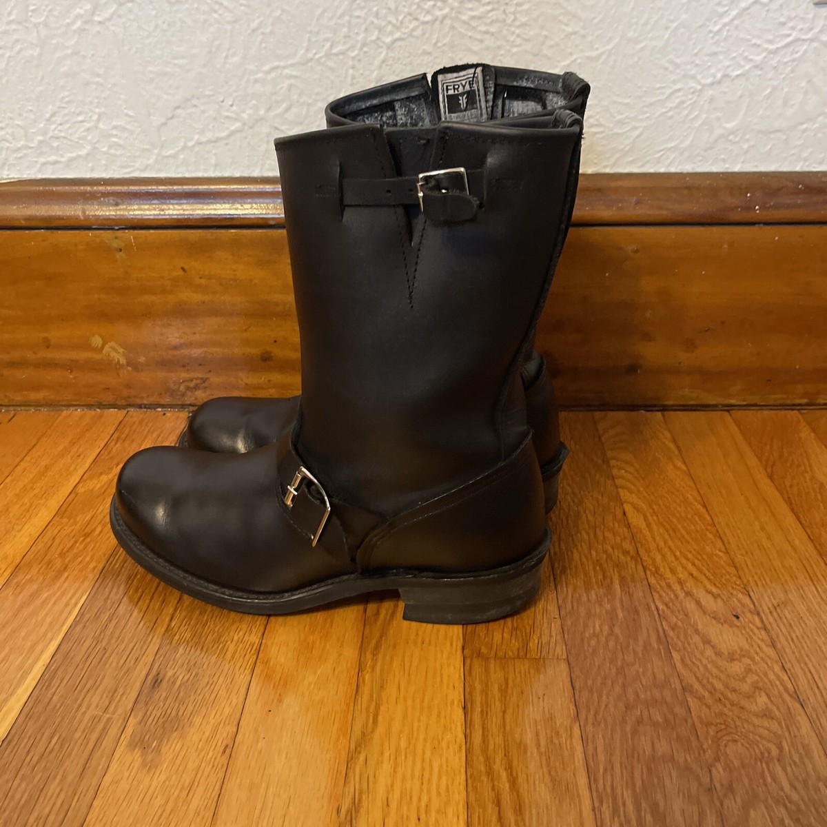 Frye 12R Engineer Boots Black Leather Buckle Strap Moto Biker