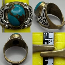 WONDERFUL UNIQUE VINTAGE TIBETAN TURQUOISE STERLING SILVER AND BRASS  RING