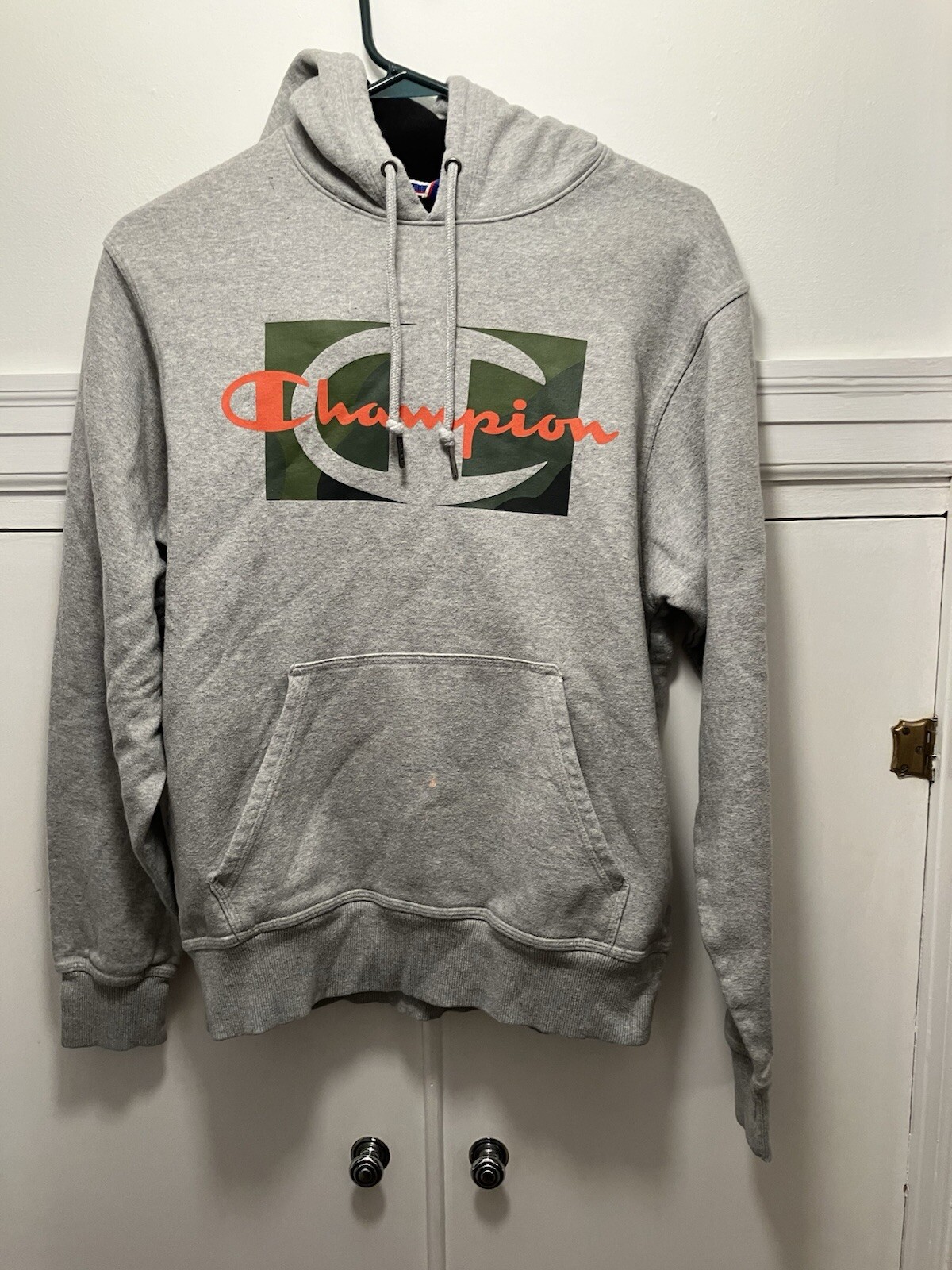 Compact Title: Men’s Small Grey/Green/Orange Champion Hoodie for Casual Wear