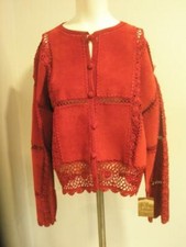 New With Tag! Overland Woman's Large Red Crocheted Suede Leather Jacket Size 14