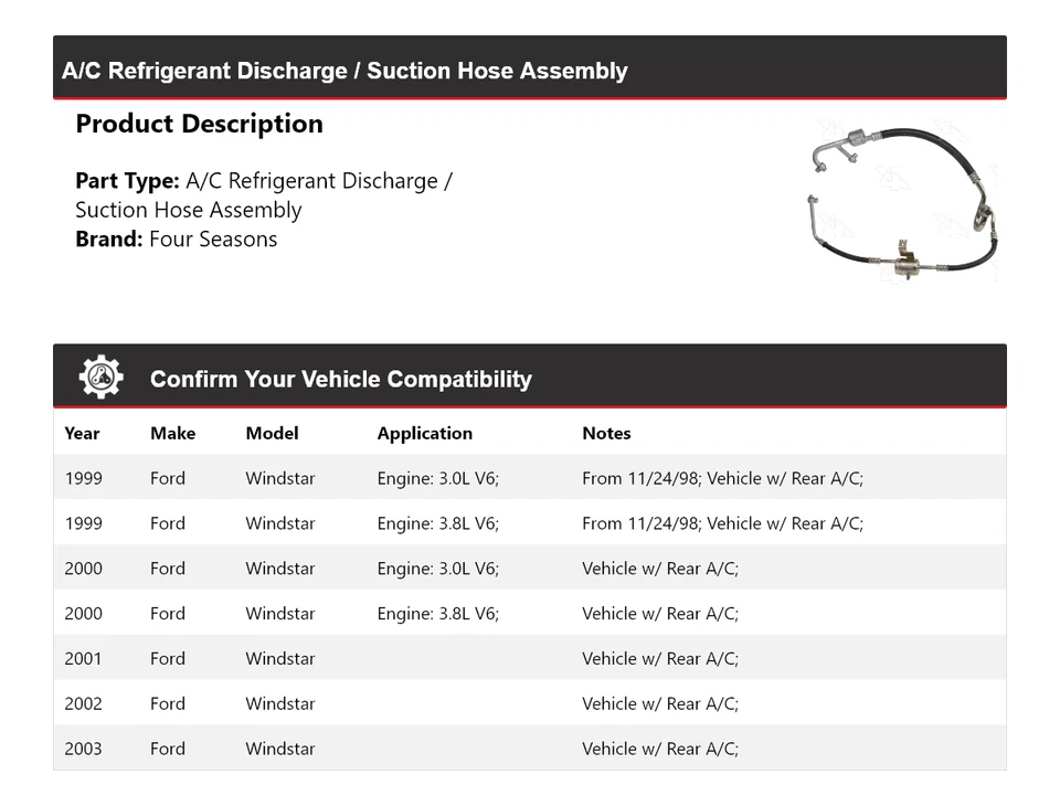 Комплект из 4 сезонов для разгрузки/всасывающего шланга хладагента переменного тока для Ford Windstar 1999-03 годов выпуска - Изображение 2 из 4