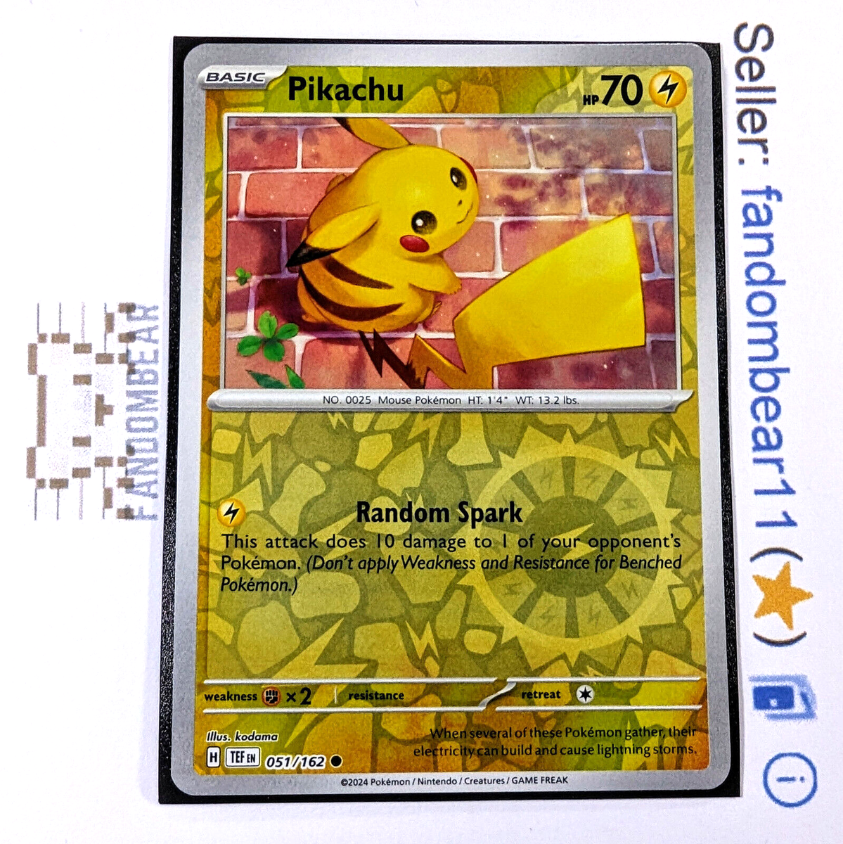 2024 Pikachu REVERSE HOLO 051/162 SV Temporal Forces Pokemon card