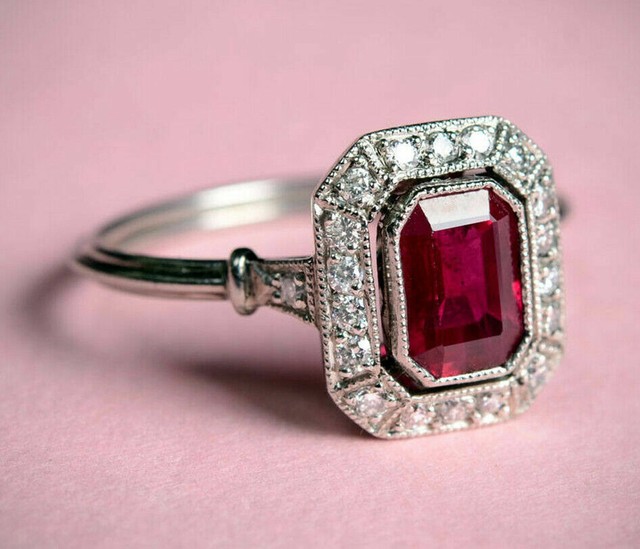 1.90Ct Red Ruby Emerald Cut Diamond Halo Engagement Ring 14K White Gold