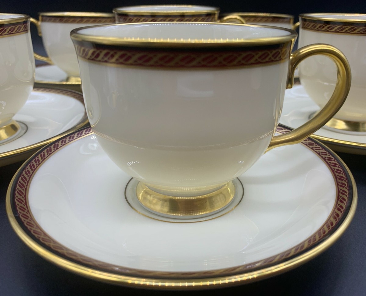 LENOX MONROE CUP SAUCER SET BURGUNDY GOLD RIMS 12 PC CHINA USA