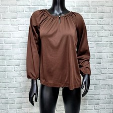 Vintage 70s Brown Polyester Blouse Womens M Bell Sleeve Disco Keyhole Neckline