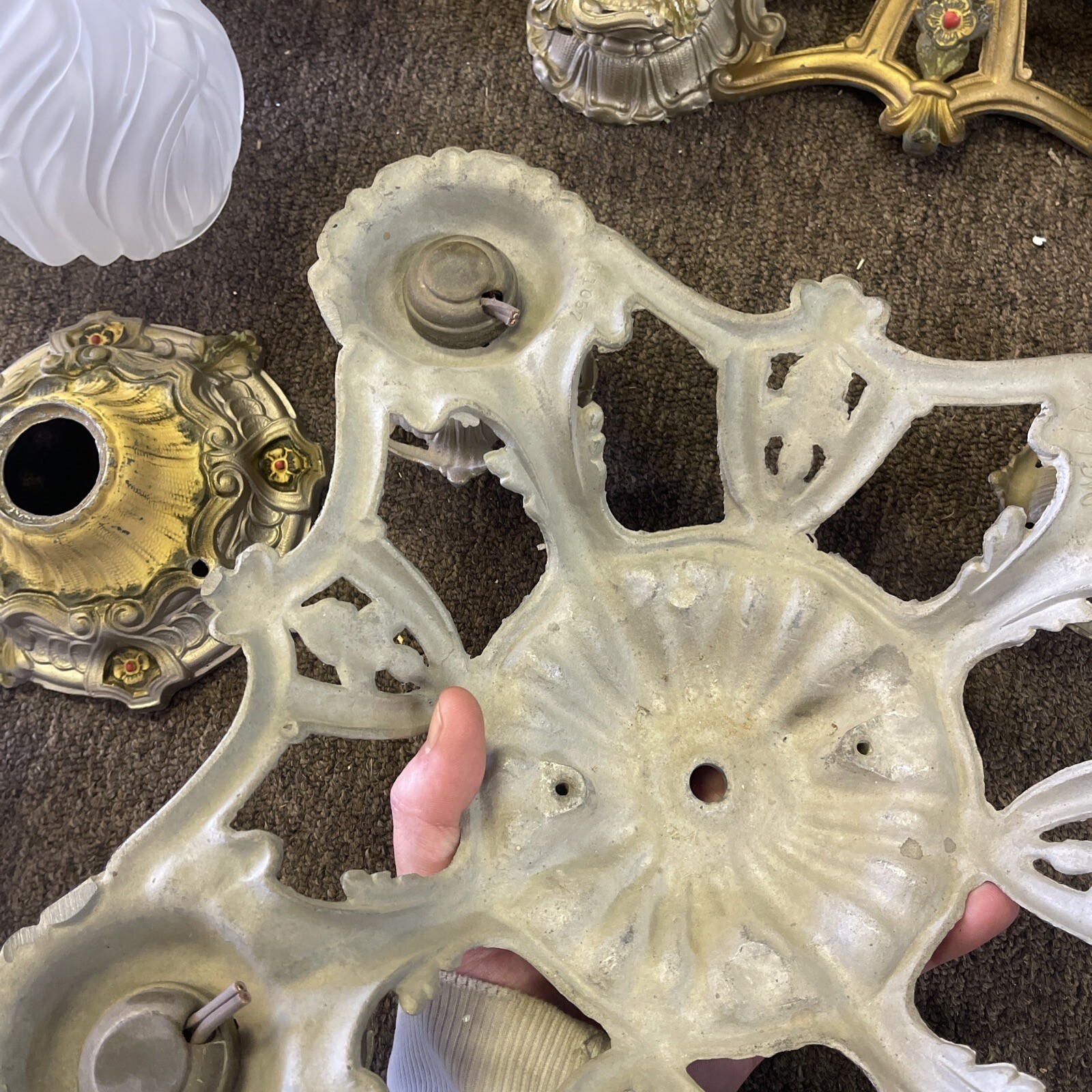 Antique Welsbach Metal Art Deco Light Fixtures For Restore Pair With Shades