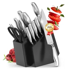 Younghome 14 Pcs Sharp Knife Set with Block Built-in Sharpener, Ergonomic Handle