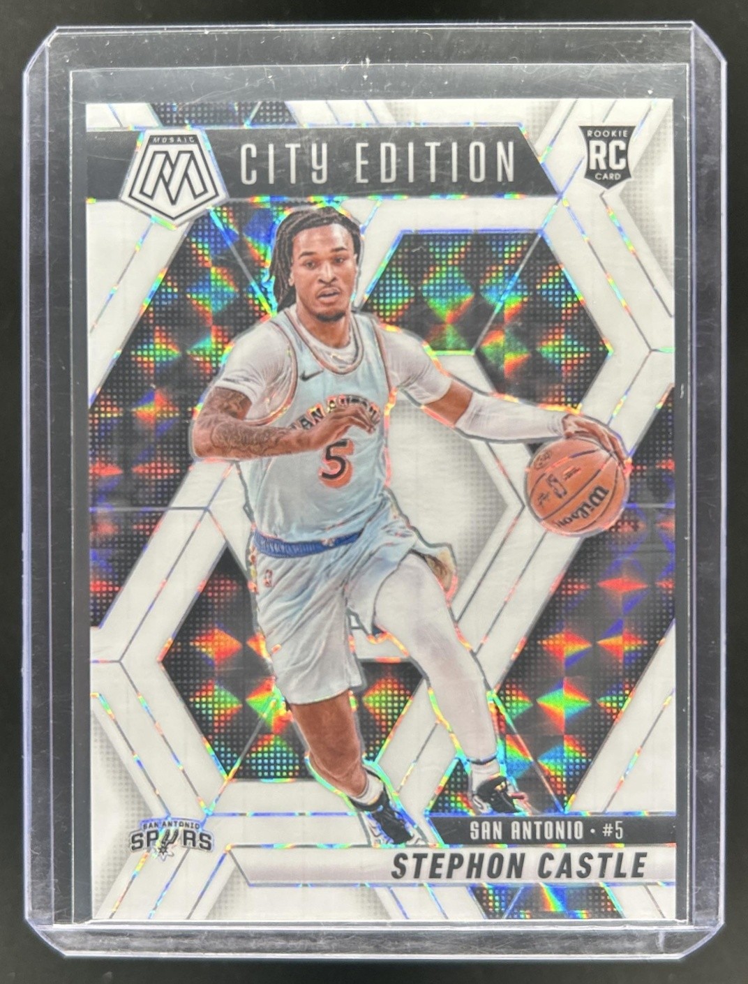 2024-25 Panini Mosaic Stephon Castle RC White Mosaic City Edition #/25 Spurs