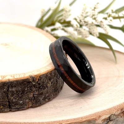 Faceted Design Wood Inlay Band 6mm Black Tungsten Carbide Ring For Christmas Gif