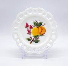 Vtg. Milk Glass Lace-Edge Dessert Plate With Hand-Painted Peach Motif 7" 