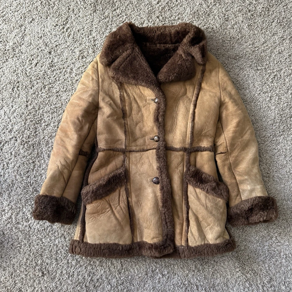 ВИНТАЖНЫЙ San Remo стриженный мех кожи амбара пальто женщин размер 14 коричневый Western - Изображение 2 из 4