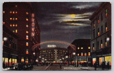 Postcard Denver 17th Street Scene at Night Antique Cars Posted 1913