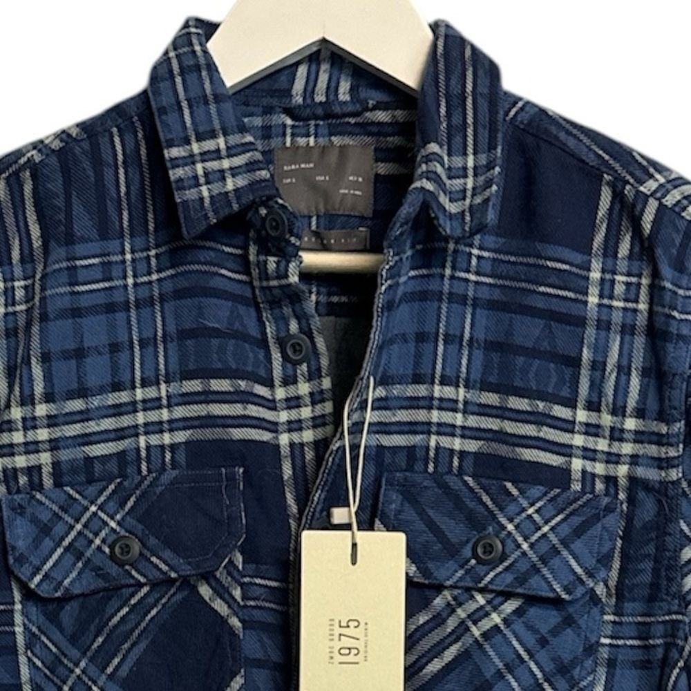 ZARA MAN 1975 Navy Blue Mens Plaid Denim Flannel Button Down Long Sleeve Shirt thumbnail 2