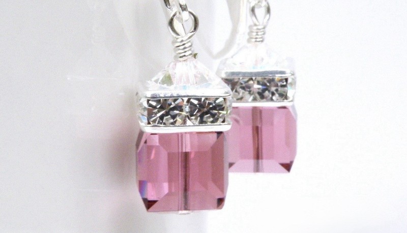 PINK CUBE CRYSTAL EARRINGS CZ HALO STERLING SILVER FRENCH WIRES
