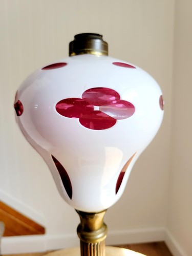 Antique 19th Century Large Boston Sandwich Cranberry Oil Lamp 15"x 5 1/2" - Picture 4 of 15