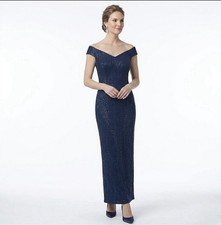 Rickie Freeman for Teri Jon Women Blue Metallic V-Neck Jacquard Gown Dress Sz 10