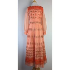 Vintage 1970's Alfred Shaheen Peachy Pink / Orange Puff Sleeve Maxi Dress