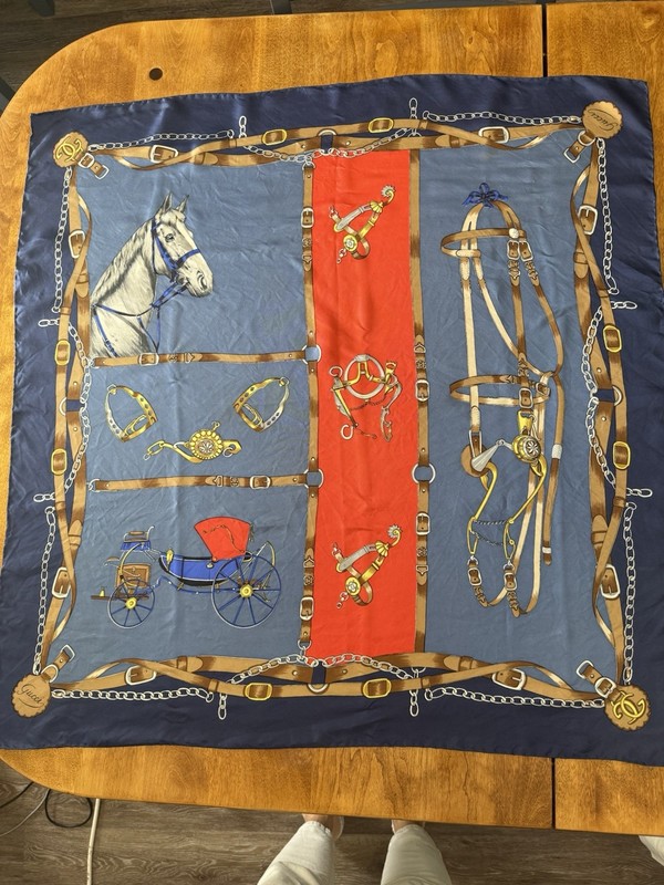 Vintage Gucci Silk Scarf Large Horse & Buggy Equestrian 33”.   read notes! 