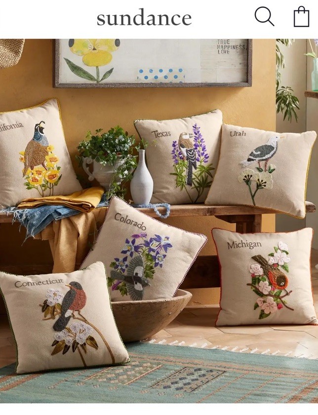 NEW SUNDANCE LIVING CATALOG “My Home State” Pillow NEW YORK Blue Bird Peony