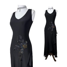 Vintage Black Beaded Maxi Dress: Y2K Floral Sequin Formal Gown