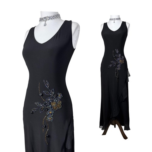 Vintage Black Beaded Maxi Dress: Y2K Floral Sequin Formal Gown