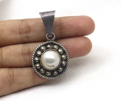 Pendentif Perle d’Eau Douce Gemme Naturelle Argent Sterling Style Vintage - Photo 1/4